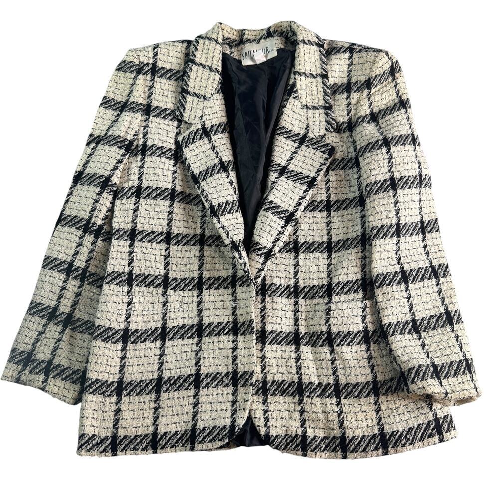 Spitalnick & Co USA Plaid Tweed Blazer Jacket Women’s Size 14 Black White *Flaw
